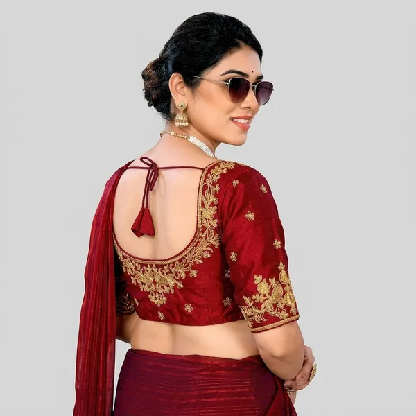 Maroon_Silk_Padded_Round_Neck_Blouse_For_Women