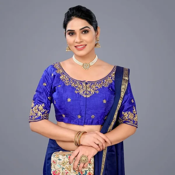 Blue_Silk_Padded_Front_Open_Embroidered_Blouse_For_Women