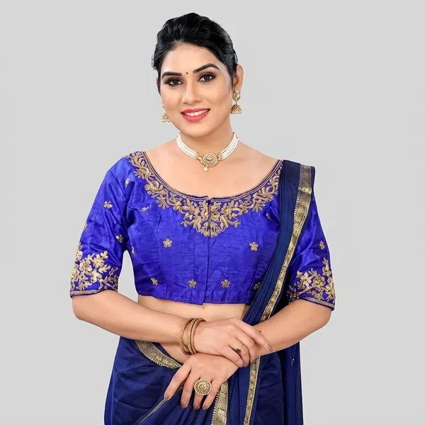 Blue_Silk_Padded_Front_Open_Embroidered_Blouse_For_Women