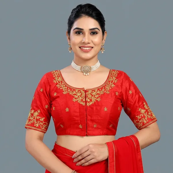 Red_Silk_Padded_Front_Open_Embroidered_Blouse_For_Women