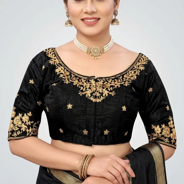 Black_Silk_Padded_Front_Open_Embroidered_Blouse_For_Women