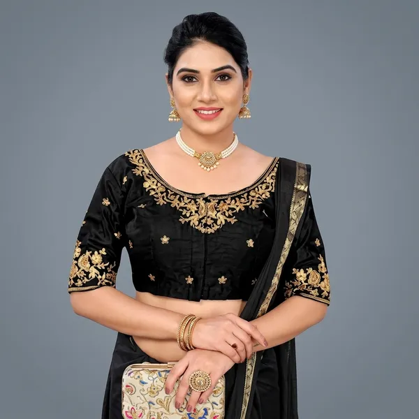 Black_Silk_Padded_Front_Open_Embroidered_Blouse_For_Women