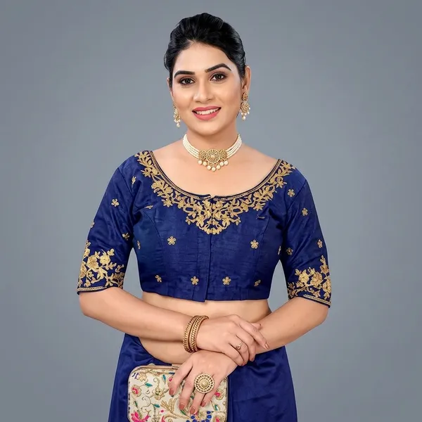 Navy_Blue_Silk_Short_Sleeve_Round_Neck_Blouse_For_Women