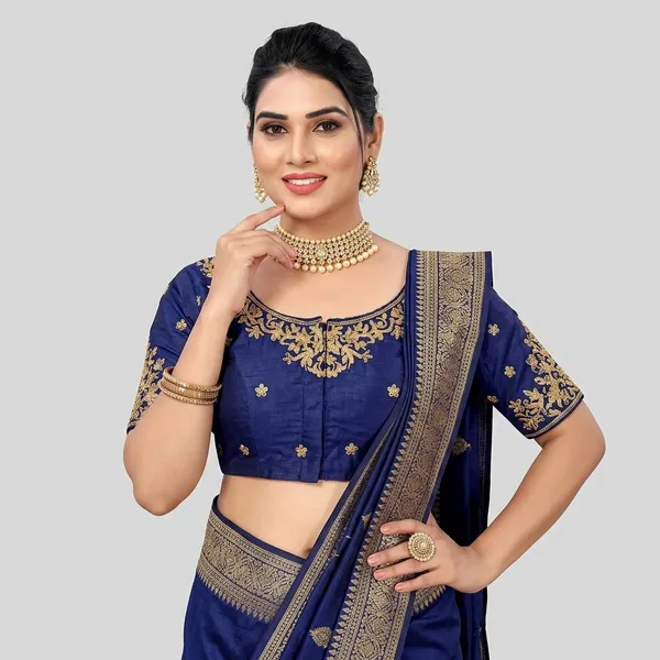 Navy_Blue_Silk_Short_Sleeve_Round_Neck_Blouse_For_Women