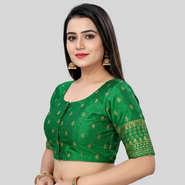 Green_Silk_Padded_Front_Open_Embroidered_Blouse_For_Women