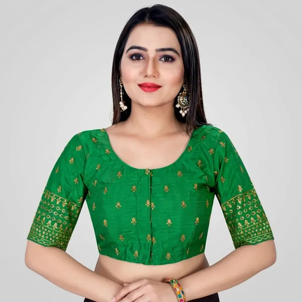 Green_Silk_Padded_Front_Open_Embroidered_Blouse_For_Women