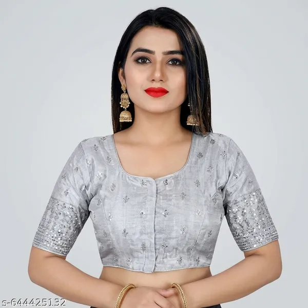 Silver_Silk_Padded_Round_Neck_Embroidered_Blouse_For_Women