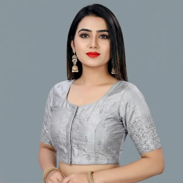 Silver_Silk_Padded_Round_Neck_Embroidered_Blouse_For_Women