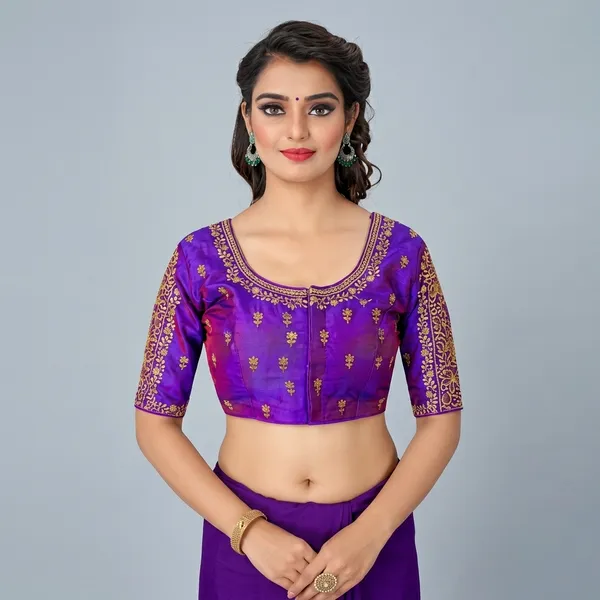 Purple_Silk_Padded_Round_Neck_Blouse_For_Women