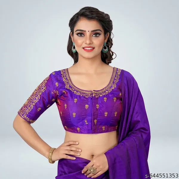 Purple_Silk_Padded_Round_Neck_Blouse_For_Women