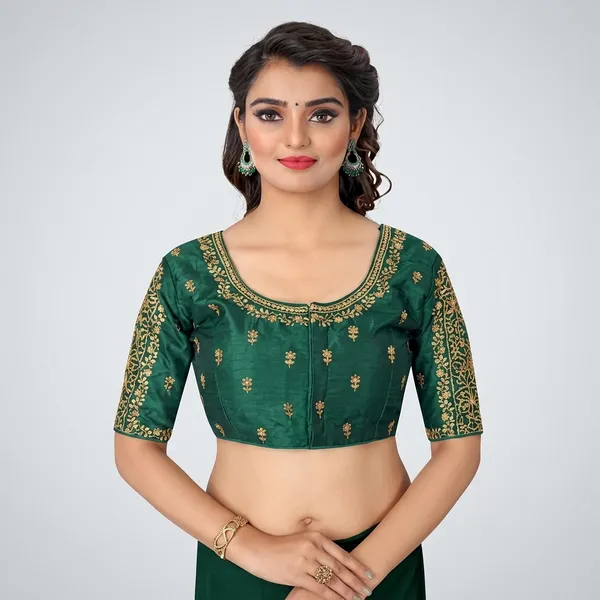 Dark_Green_Silk_Embroidered_Round_Neck_Padded_Blouse_For_Women