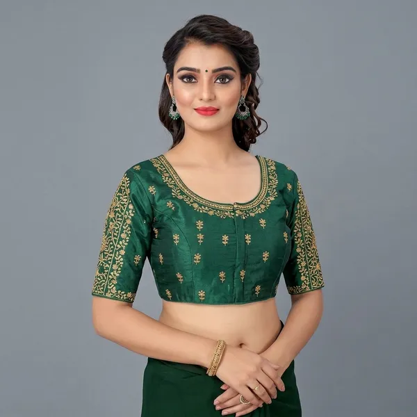 Dark_Green_Silk_Embroidered_Round_Neck_Padded_Blouse_For_Women