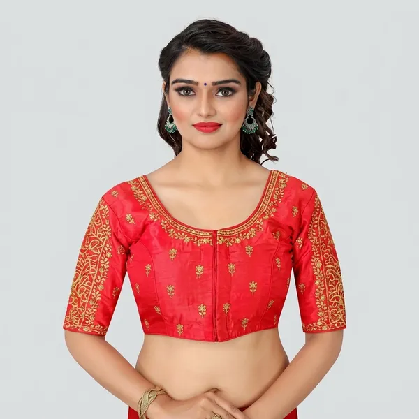 Red_Silk_Padded_Embroidered_Round_Neck_Blouse_For_Women