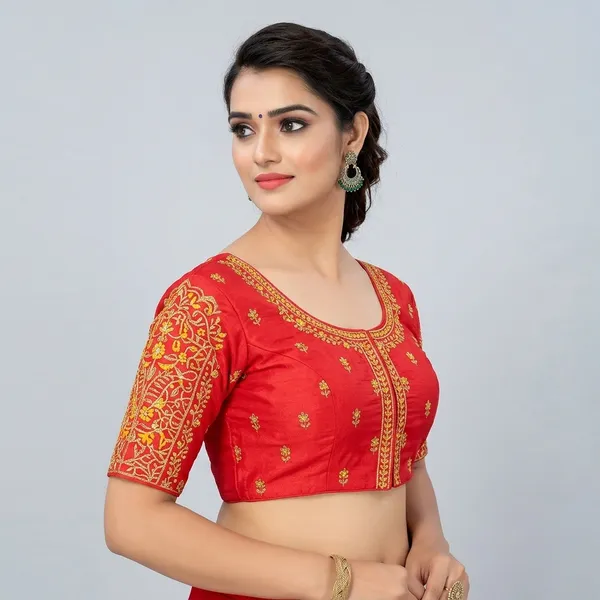 Red_Silk_Padded_Embroidered_Round_Neck_Blouse_For_Women