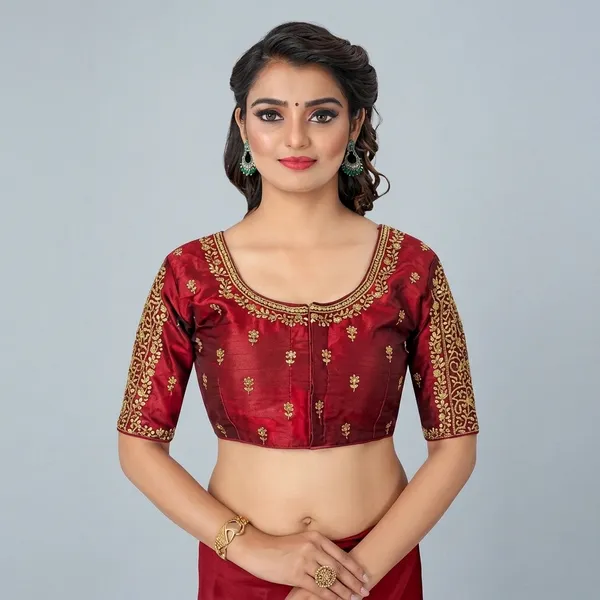 Maroon_Silk_Round_Neck_Padded_Embroidered_Blouse_For_Women