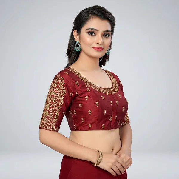 Maroon_Silk_Round_Neck_Padded_Embroidered_Blouse_For_Women