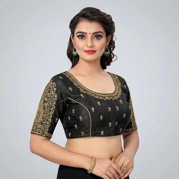Black_Silk_Embroidered_Hook_Closure_Blouse_For_Women