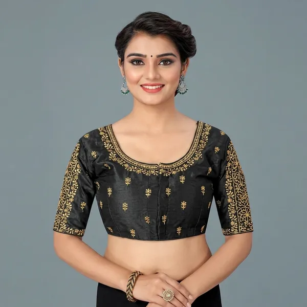 Black_Silk_Embroidered_Hook_Closure_Blouse_For_Women