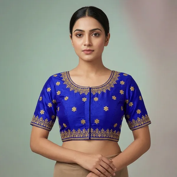 Blue_Silk_Short_Sleeve_Front_Open_Blouse_For_Women
