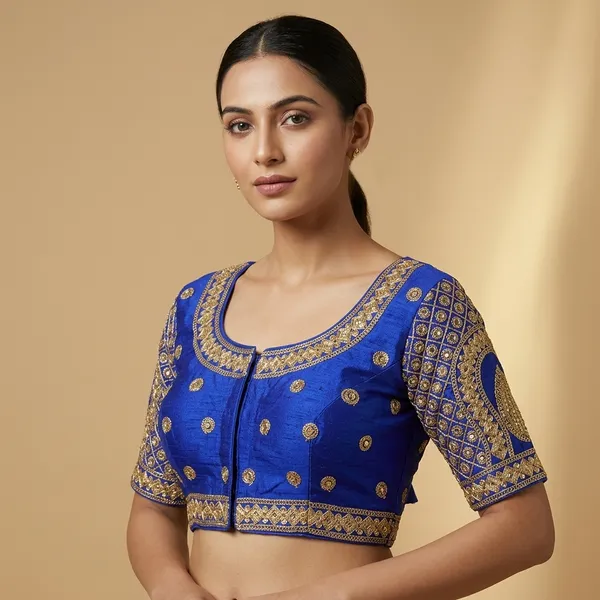 Blue_Silk_Padded_Hook_Closure_Round_Neck_Blouse_For_Women