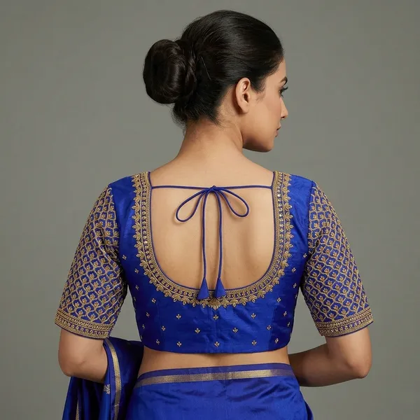 Blue_Silk_Short_Sleeve_Round_Neck_Blouse_For_Women