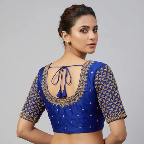 Blue_Silk_Short_Sleeve_Round_Neck_Blouse_For_Women