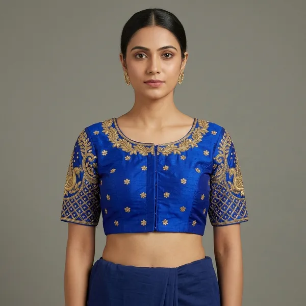 Blue_Silk_Short_Sleeve_Round_Neck_Blouse_For_Women