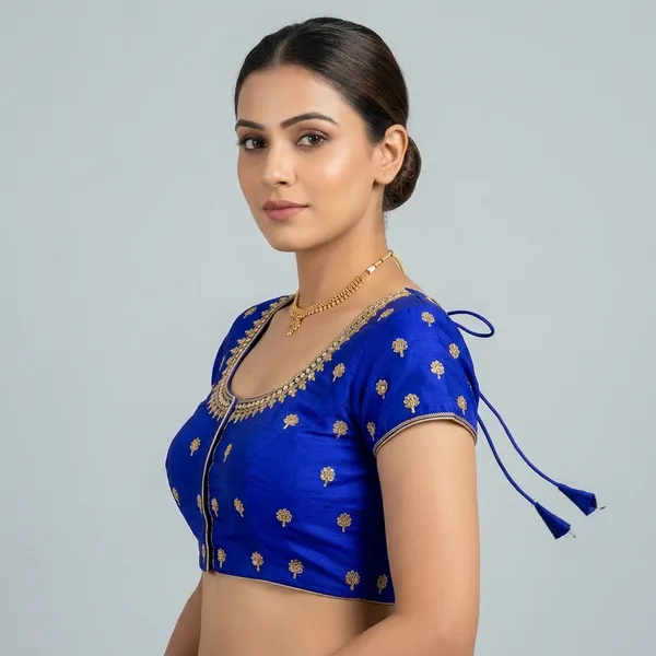 Blue_Silk_Short_Sleeve_Round_Neck_Blouse_For_Women