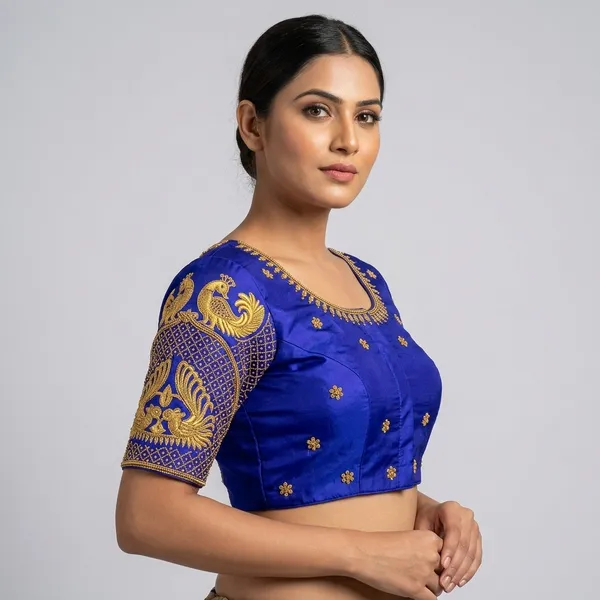 Blue_Silk_Short_Sleeve_Round_Neck_Blouse_For_Women