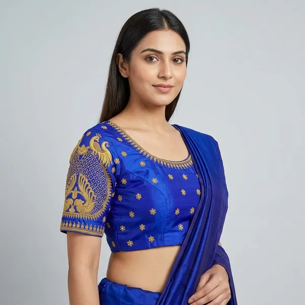 Blue_Silk_Short_Sleeve_Round_Neck_Blouse_For_Women