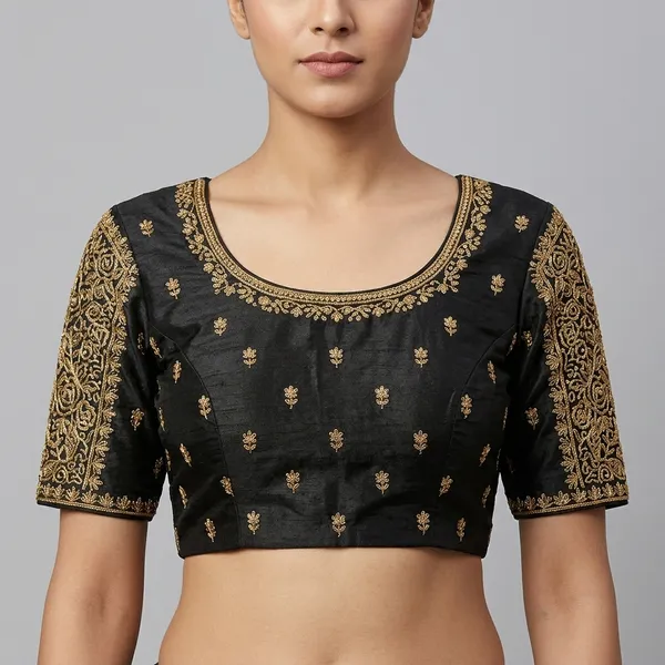 Black_Silk_Padded_Round_Neck_Short_Sleeve_Embroidered_Blouse_For_Women
