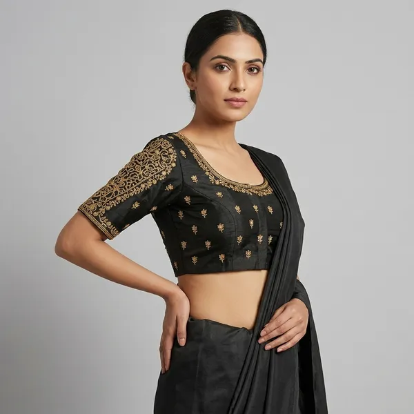 Black_Silk_Padded_Round_Neck_Short_Sleeve_Embroidered_Blouse_For_Women
