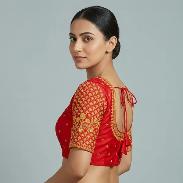 Red_Silk_Padded_Embroidered_Front_Open_Blouse_For_Women