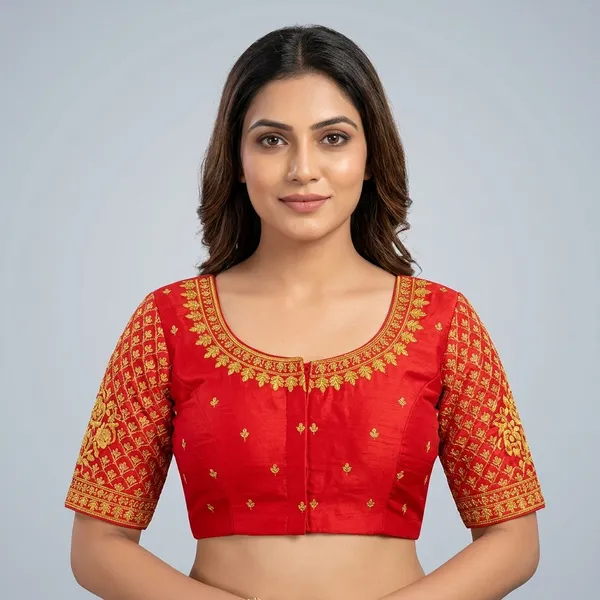 Red_Silk_Padded_Embroidered_Front_Open_Blouse_For_Women