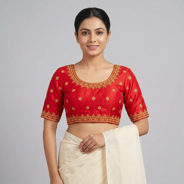Red_Silk_Padded_Embroidered_Round_Neck_Blouse_For_Women