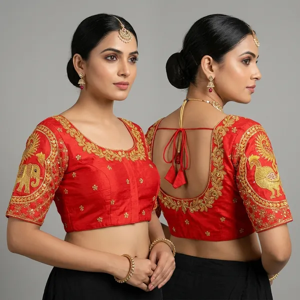 Red_Silk_Embroidered_Padded_Front_Open_Blouse_For_Women