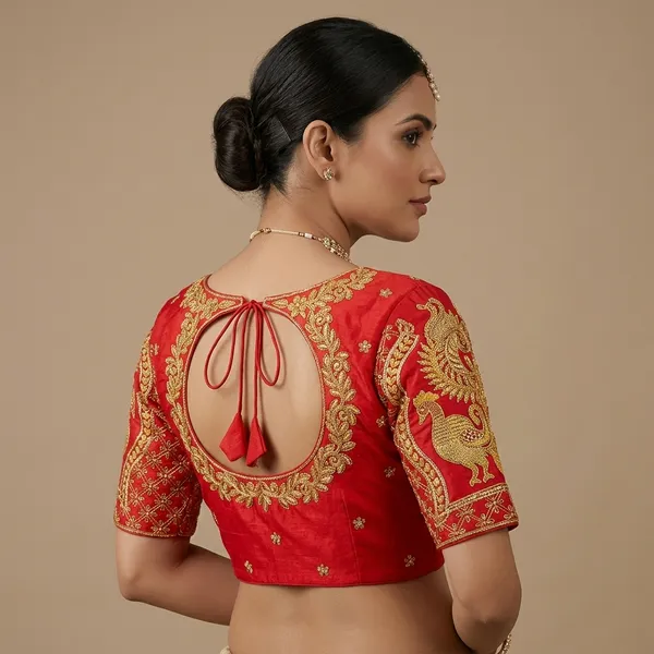 Red_Silk_Embroidered_Padded_Front_Open_Blouse_For_Women