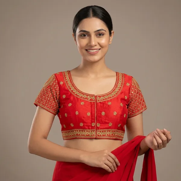 Red_Silk_Short_Sleeve_Embroidered_Blouse_For_Women