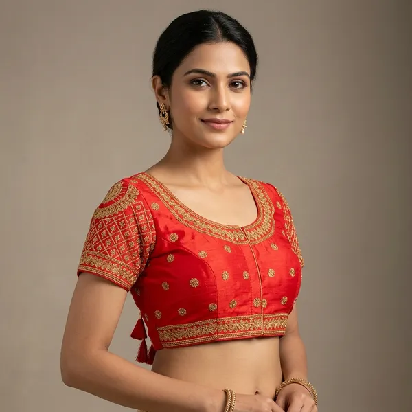 Red_Silk_Short_Sleeve_Embroidered_Blouse_For_Women