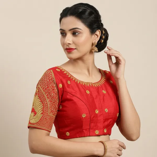 Red_Silk_Embroidered_Padded_Hook_Closure_Blouse_For_Women