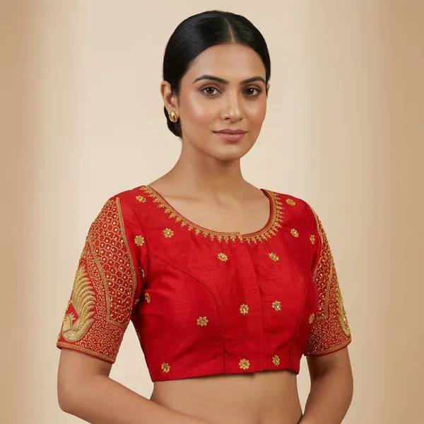 Red_Silk_Embroidered_Padded_Hook_Closure_Blouse_For_Women