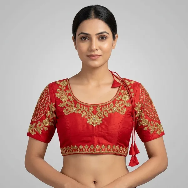 Red_Silk_Padded_Embroidered_Round_Neck_Blouse_For_Women