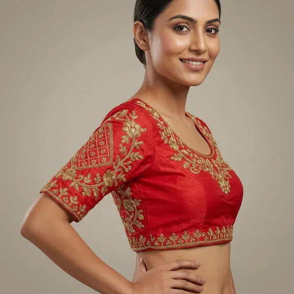 Red_Silk_Padded_Embroidered_Round_Neck_Blouse_For_Women