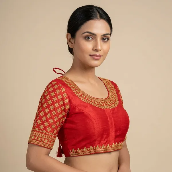 Red_Silk_Embroidered_Round_Neck_Blouse_For_Women