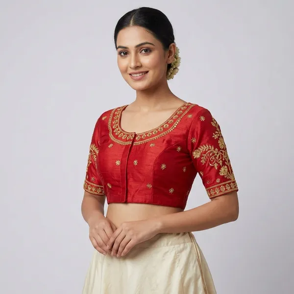 Red_Silk_Embroidered_Round_Neck_Padded_Blouse_For_Women