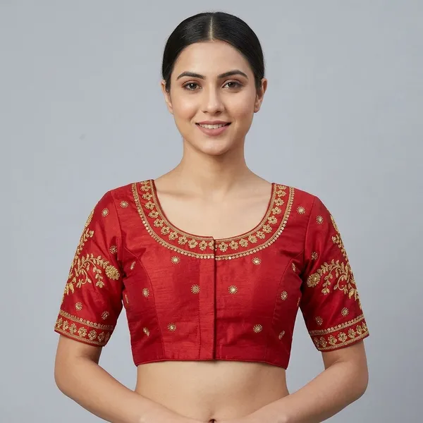 Red_Silk_Embroidered_Round_Neck_Padded_Blouse_For_Women
