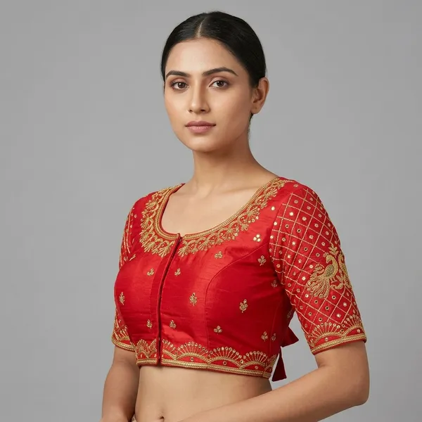 Red_Silk_Embroidered_Hook_Closure_Blouse_For_Women
