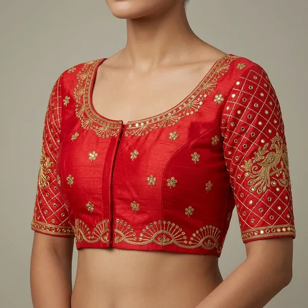 Red_Silk_Embroidered_Hook_Closure_Blouse_For_Women