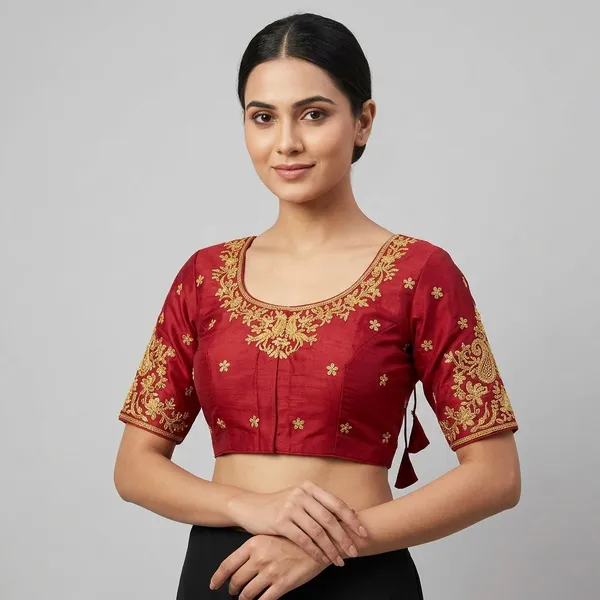 Red_Silk_Floral_Embroidered_Round_Neck_Blouse_For_Women