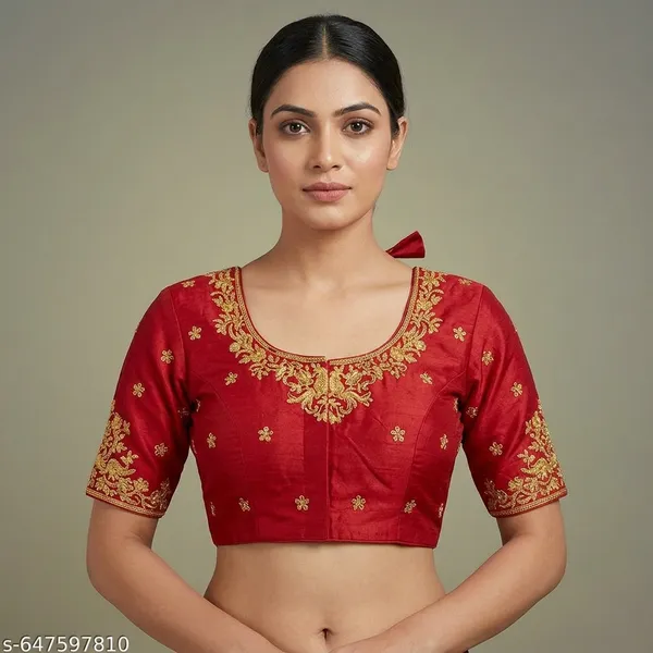 Red_Silk_Floral_Embroidered_Round_Neck_Blouse_For_Women